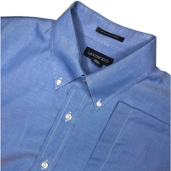 Lands’ End French Blue Short Sleeve No Iron Pinpoint Oxford Traditional Fit Tall - Picture 2 of 12